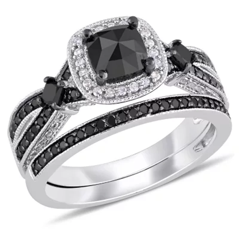 1.54 ct. t.w. Black and White Diamond Split Shank Bridal Ring Set Sterling Silver with Rhodium Plated