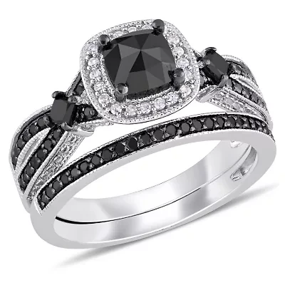 1.54 ct. t.w. Black and White Diamond Split Shank Bridal Ring Set Sterling Silver with Rhodium Plated