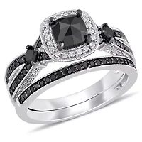 1.54 ct. t.w. Black and White Diamond Split Shank Bridal Ring Set Sterling Silver with Rhodium Plated