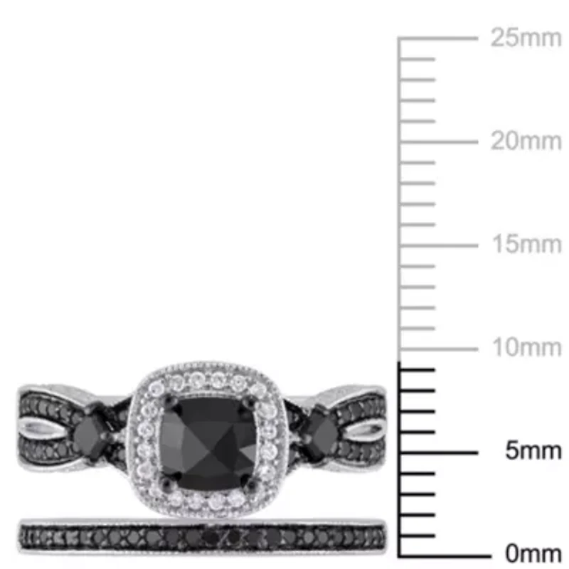 1.54 ct. t.w. Black and White Diamond Split Shank Bridal Ring Set Sterling Silver with Rhodium Plated