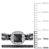1.54 ct. t.w. Black and White Diamond Split Shank Bridal Ring Set Sterling Silver with Rhodium Plated