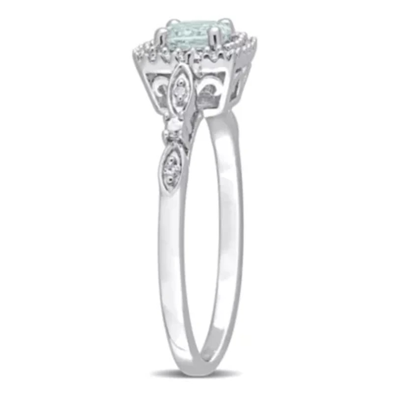 Aquamarine and Diamond Accent Square Halo Ring Sterling Silver