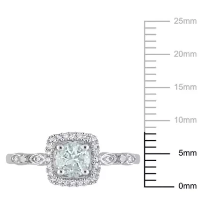 Aquamarine and Diamond Accent Square Halo Ring Sterling Silver