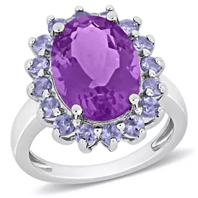 Amethyst and Tanzanite Halo Cocktail Ring Sterling Silver