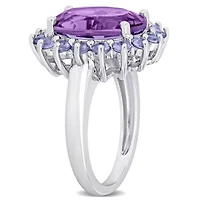 Amethyst and Tanzanite Halo Cocktail Ring Sterling Silver