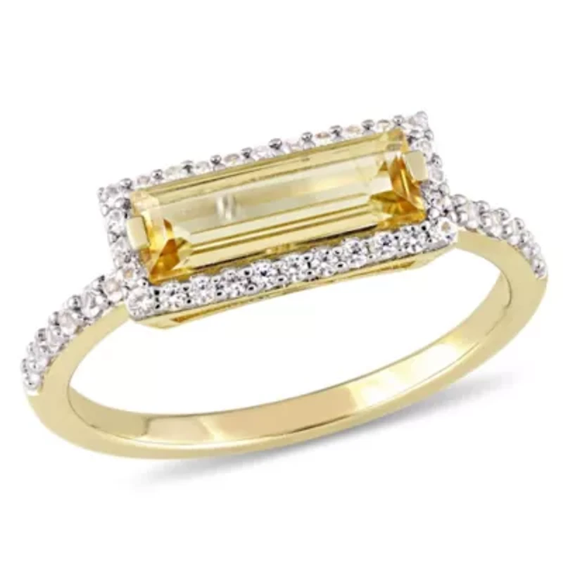 Citrine and White Sapphire Halo Ring Yellow Plated Sterling Silver