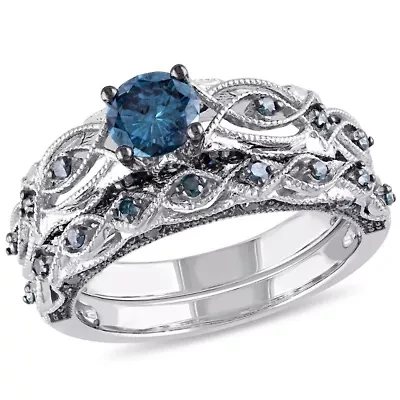 1 ct. t.w. Blue Diamond Bridal Ring Set 10K White Gold with Black Rhodium Plated