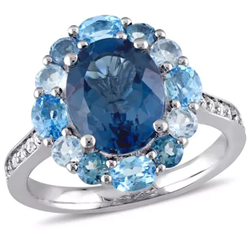 London, Swiss and Sky Blue Topaz Halo Ring Sterling Silver