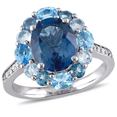 London, Swiss and Sky Blue Topaz Halo Ring Sterling Silver