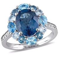 London, Swiss and Sky Blue Topaz Halo Ring Sterling Silver