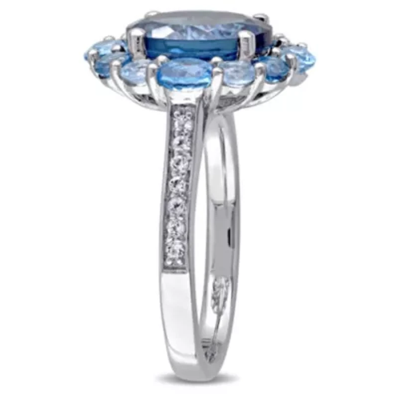 London, Swiss and Sky Blue Topaz Halo Ring Sterling Silver