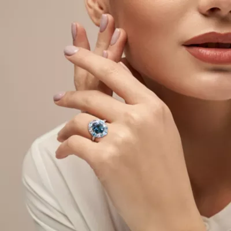 London, Swiss and Sky Blue Topaz Halo Ring Sterling Silver