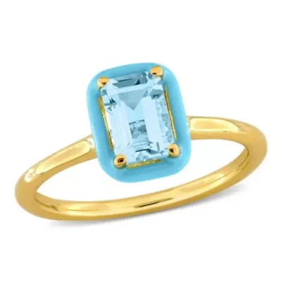 Sky Blue Topaz with Light Enamel Halo Ring Yellow Plated Sterling Silver