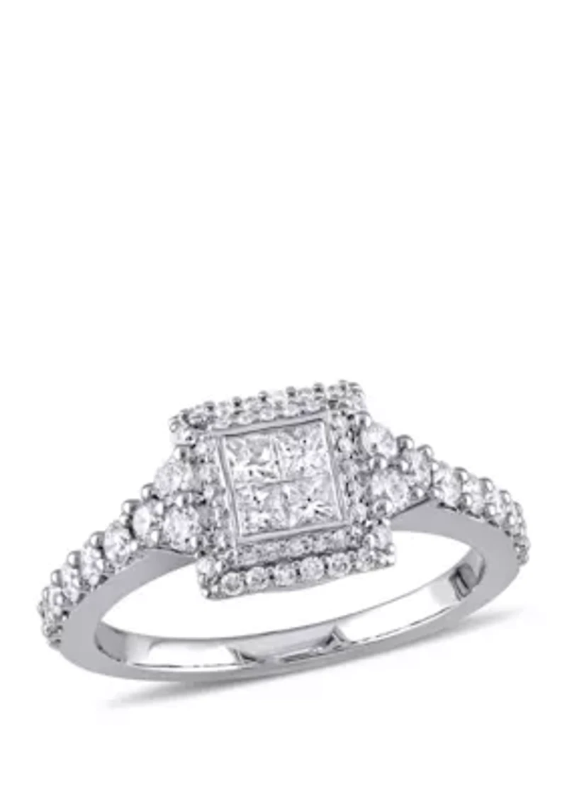 1 ct. t.w. Princess Quad and Round Diamond Halo Engagement Ring 14K White Gold