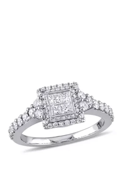 1 ct. t.w. Princess Quad and Round Diamond Halo Engagement Ring 14K White Gold