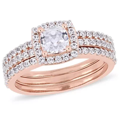 Lab Created White Sapphire Bridal Ring Set Rose Plated Sterling Silver