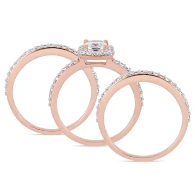 Lab Created White Sapphire Bridal Ring Set Rose Plated Sterling Silver