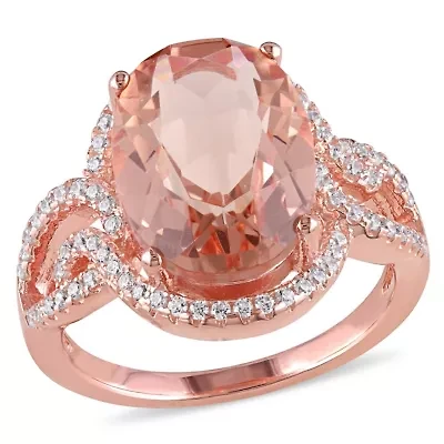 Simulated Morganite and Cubic Zirconia Halo Ring Rose Plated Sterling Silver