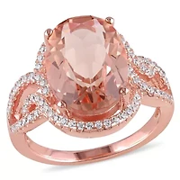 Simulated Morganite and Cubic Zirconia Halo Ring Rose Plated Sterling Silver