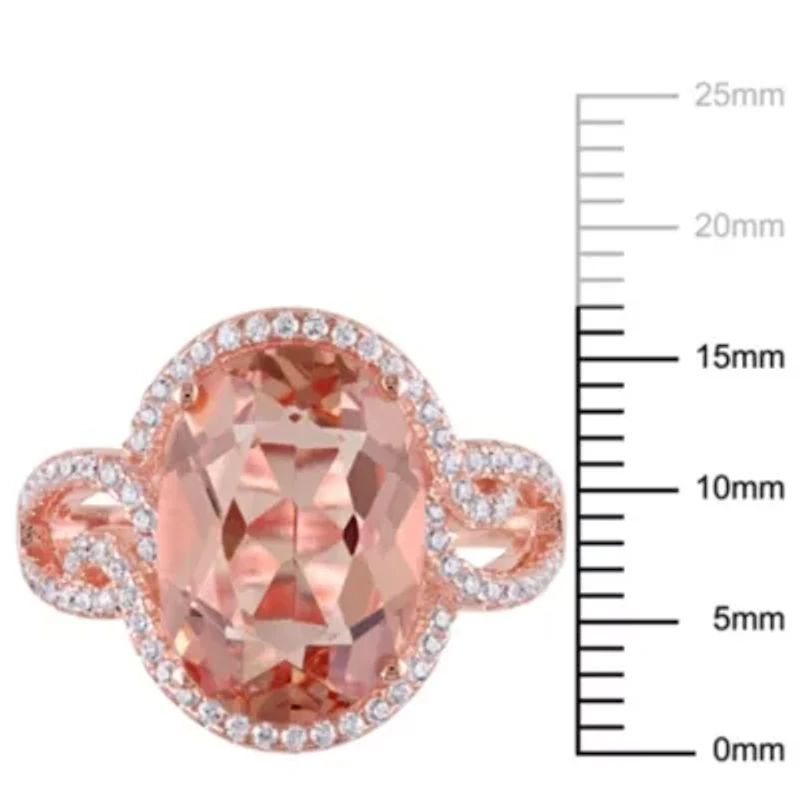 Simulated Morganite and Cubic Zirconia Halo Ring Rose Plated Sterling Silver