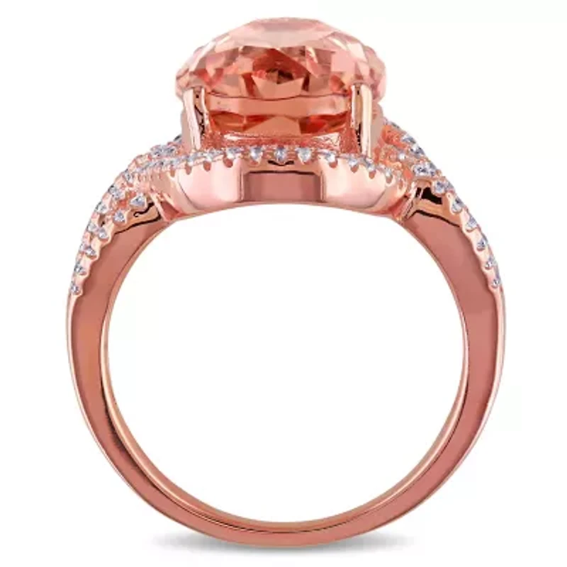 Simulated Morganite and Cubic Zirconia Halo Ring Rose Plated Sterling Silver