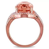 Simulated Morganite and Cubic Zirconia Halo Ring Rose Plated Sterling Silver