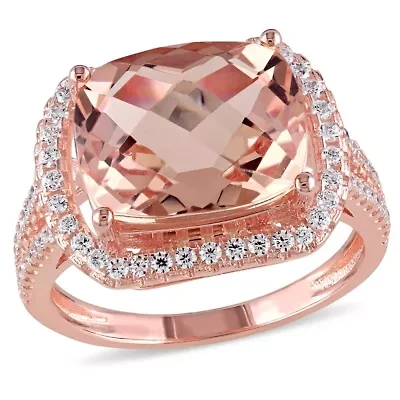 Simulated Morganite and Cubic Zirconia Halo Ring Rose Plated Sterling Silver