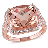 Simulated Morganite and Cubic Zirconia Halo Ring Rose Plated Sterling Silver