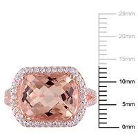 Simulated Morganite and Cubic Zirconia Halo Ring Rose Plated Sterling Silver