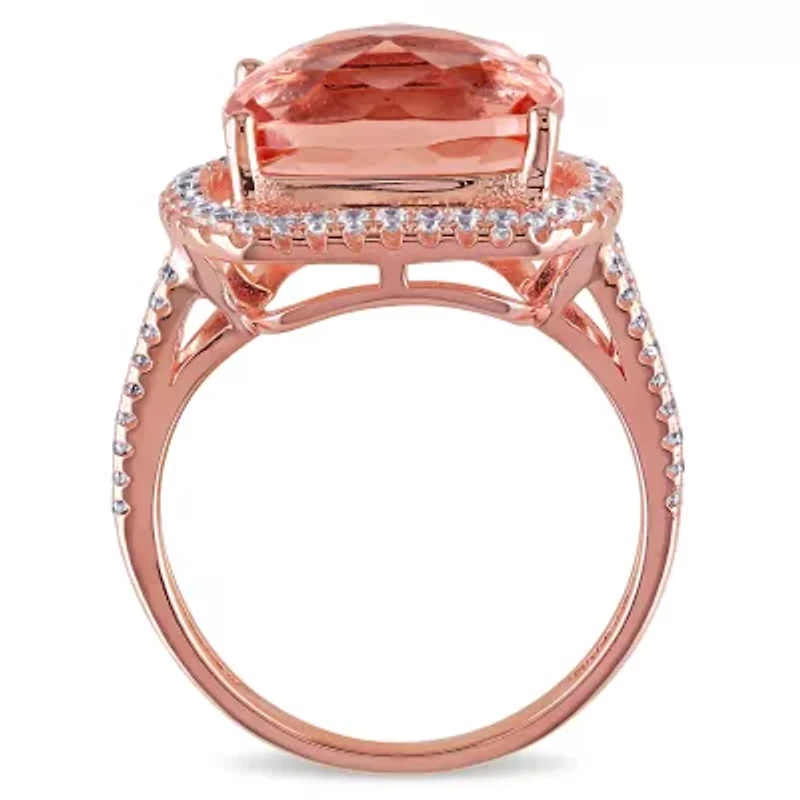 Simulated Morganite and Cubic Zirconia Halo Ring Rose Plated Sterling Silver