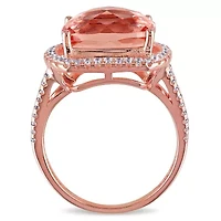 Simulated Morganite and Cubic Zirconia Halo Ring Rose Plated Sterling Silver