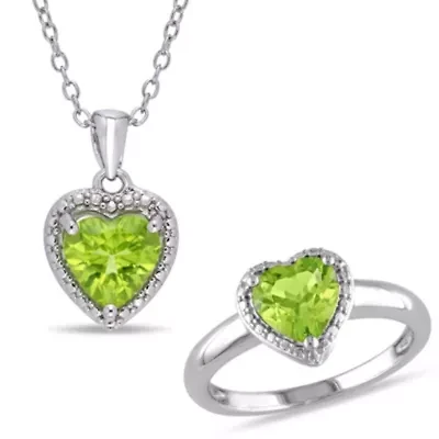 2-Pc Set of Peridot Heart Ring and Pendant with Chain Sterling Silver