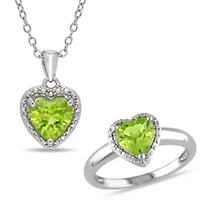 2-Pc Set of Peridot Heart Ring and Pendant with Chain Sterling Silver