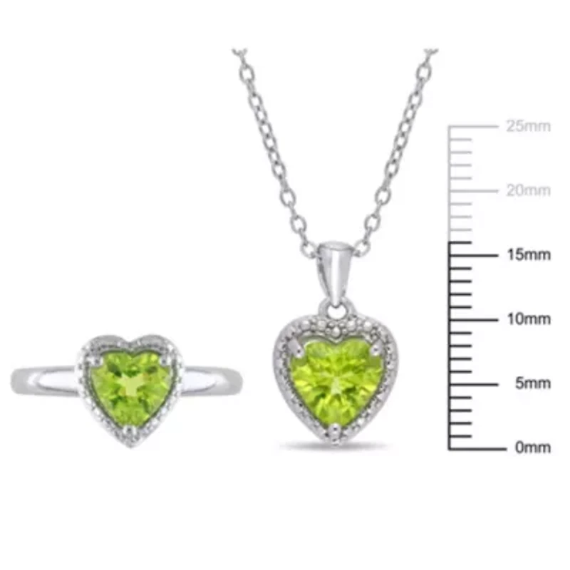 2-Pc Set of Peridot Heart Ring and Pendant with Chain Sterling Silver