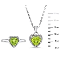 2-Pc Set of Peridot Heart Ring and Pendant with Chain Sterling Silver
