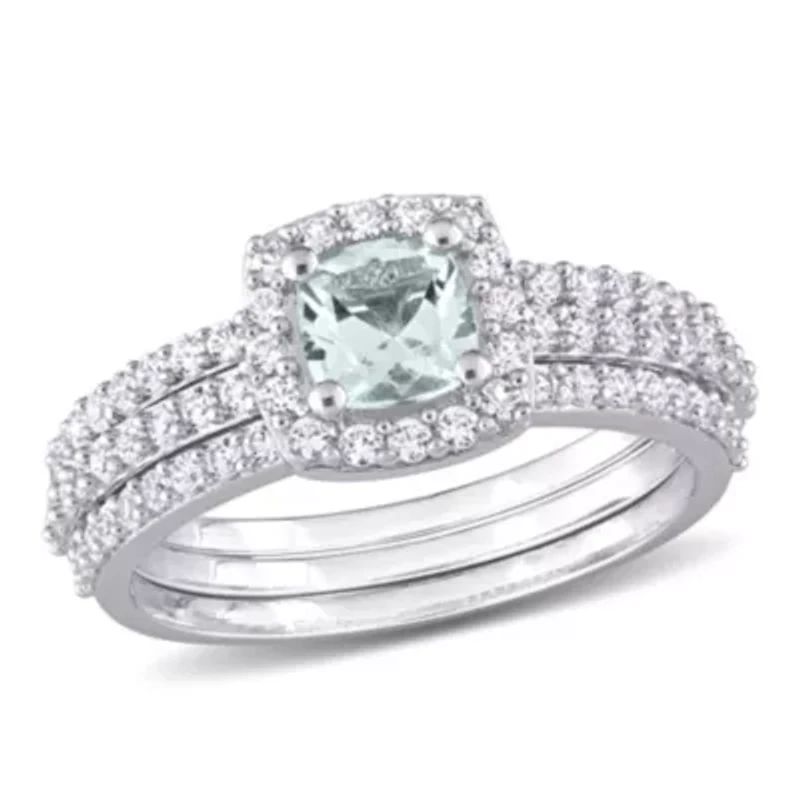 Lab Created Aquamarine and White Sapphire Bridal Ring Set Sterling Silver