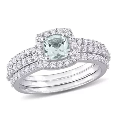Lab Created Aquamarine and White Sapphire Bridal Ring Set Sterling Silver