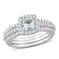 Lab Created Aquamarine and White Sapphire Bridal Ring Set Sterling Silver