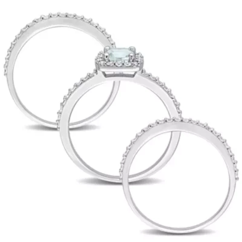 Lab Created Aquamarine and White Sapphire Bridal Ring Set Sterling Silver