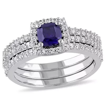 Lab Created Blue Sapphire and White Bridal Ring Set Sterling Silver