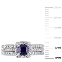 Lab Created Blue Sapphire and White Bridal Ring Set Sterling Silver