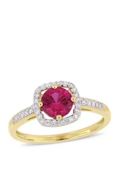 1 ct. t.w. Created Ruby and 1/7 Diamond Floating Halo Ring 10k Yellow Gold