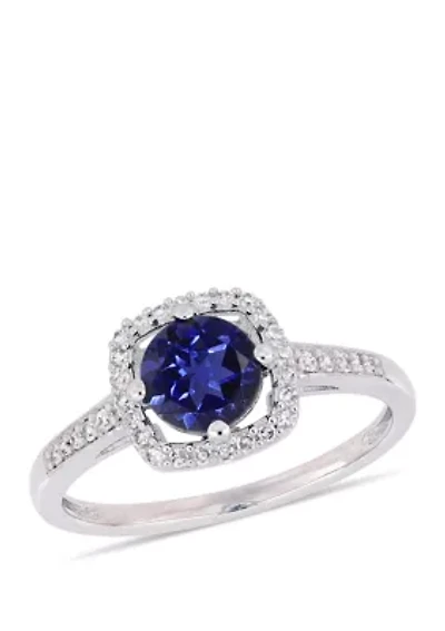 1.0 ct. t.w. Created Sapphire and 1/7 Diamond Floating Halo Ring 10k White Gold