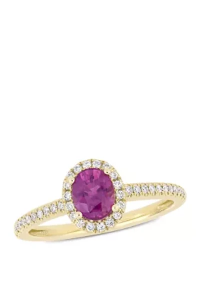 7/8 ct. t.w. Oval Pink Sapphire and 1/5 Diamond Halo Engagement Ring 14k Yellow Gold