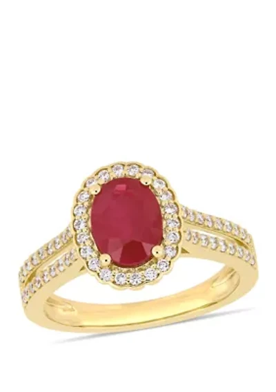 1.38 ct. t.w. Oval Ruby and 1/3 Diamond Floral Halo Double Row Ring 14k Yellow Gold