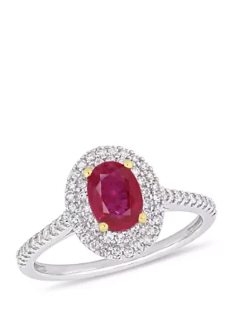 7/8 ct. t.w. Oval Ruby and 1/3 Diamond Double Halo Ring 14k Two-Tone White & Yellow Gold
