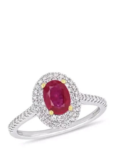 7/8 ct. t.w. Oval Ruby and 1/3 Diamond Double Halo Ring 14k Two-Tone White & Yellow Gold