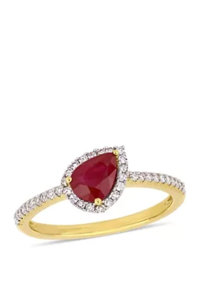 7/8 ct. t.w. Ruby and 1/5 Diamond Tilted Teardrop Halo Ring 14K Yellow Gold