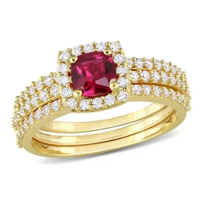 Lab Created Ruby and White Sapphire Bridal Ring Set Yellow Plated Sterling Silver