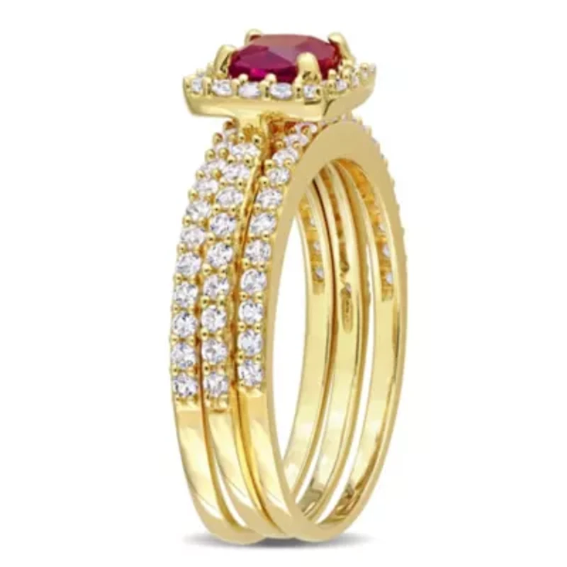 Lab Created Ruby and White Sapphire Bridal Ring Set Yellow Plated Sterling Silver